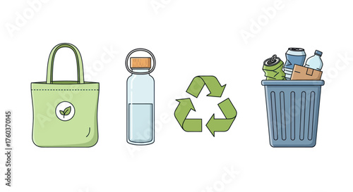 Eco-friendly reusable shopping bag water bottle recycling symbol and trash bin with waste.