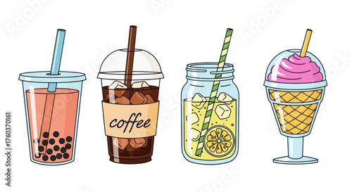 Variety of Refreshing Summer Drinks: Bubble Tea Iced Coffee Lemonade and Ice Cream.