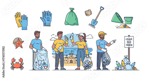 Diverse group of volunteers cleaning up litter with trash bags and tools.