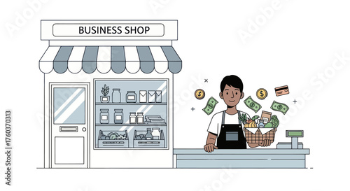 Illustrated Small Business Shop with Shopkeeper Products and Floating Money.