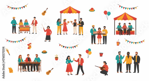 Festive Outdoor Market Scene with People Stalls and Decorations.