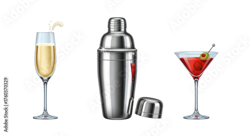 Stainless Steel Cocktail Shaker with Two Elegant Drinks.