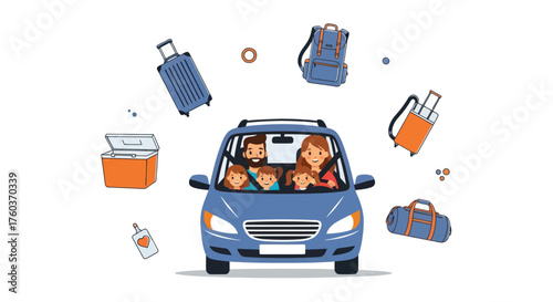 Happy Family in Blue Car Ready for Summer Road Trip Adventure.