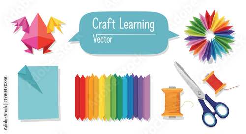 Colorful Origami Dragon Craft Supplies and Rainbow Paper Rolls.