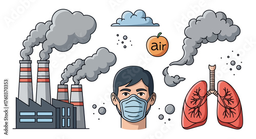 Illustration of Air Pollutions Impact on Human Health and Lungs.