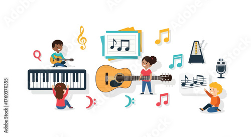 Diverse children playing musical instruments surrounded by musical notes and symbols.