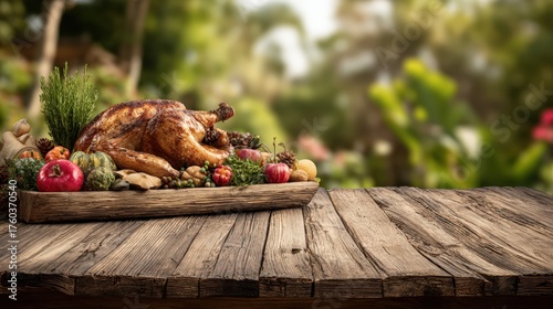 Delicious roasted whole turkey with crispy skin garnished with fresh vegetables and herbs on a rustic wooden table outdoors
