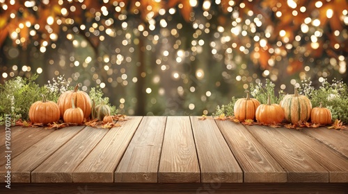 Autumn pumpkin display on wooden table with blurred festive lights and fall foliage background for seasonal celebration and harvest decoration