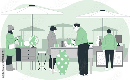 People browsing items at an outdoor market stall with books, vases, and globes shopping