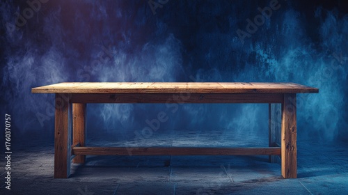 Long Wooden Table with a Smooth Surface and Sturdy Legs in a Minimalist Setting with Blue Background