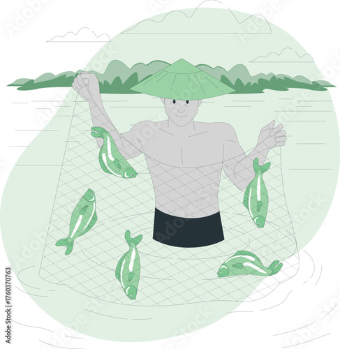 Fisherman wearing a conical hat holding a fishing net full of fish in the water catch