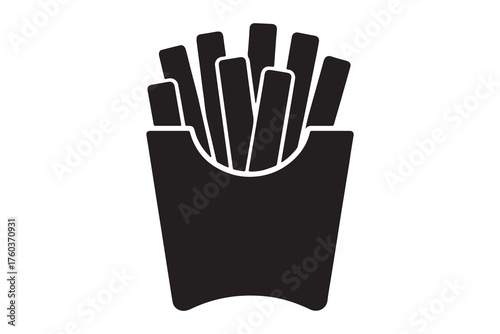 Simple black silhouette of french fries in a cardboard container