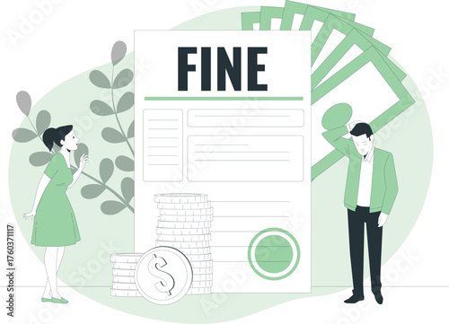 People Reacting to a Large FINE Document with Stacks of Coins and Money Keywords: fine, penalty, money, finance, debt, payment, cost, expense, financial, legal, document, paper, coins, stack of