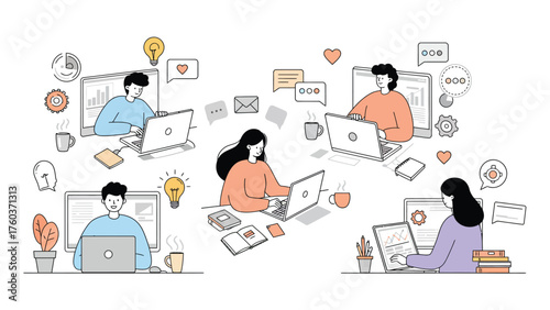 People working remotely on laptops in a collaborative online environment.