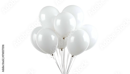 Close-up of a bundle of glossy white balloons, held together, floating on a black background