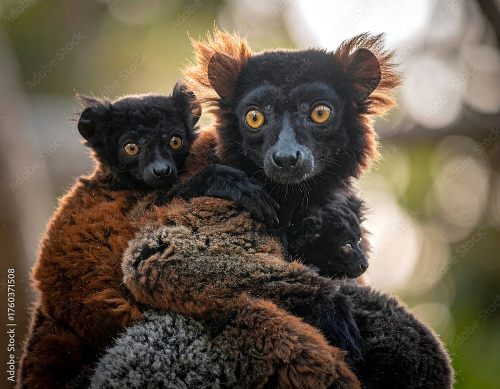 Naklejka premium Two primates, one embracing the other, with contrasting coat hues and eye details
