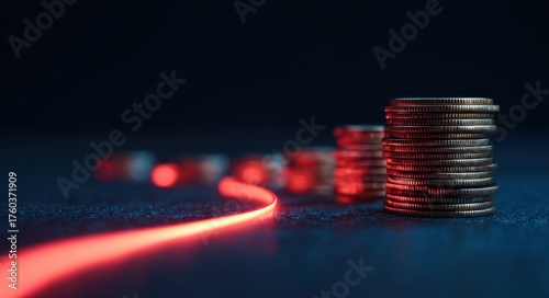 Stacks of coins with glowing red light trail on dark blue background, concept of financial growth, investment progress, and economic success.