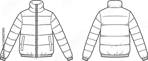 CAD drawing flat vector illustration, technical fashion sketch of puffer jacket front and back view, quilted outerwear apparel design template