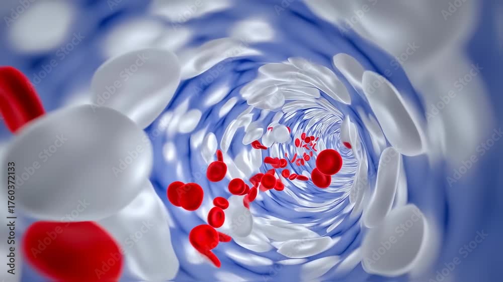 Circulation of red and white blood cells flowing through a blood vessel ...