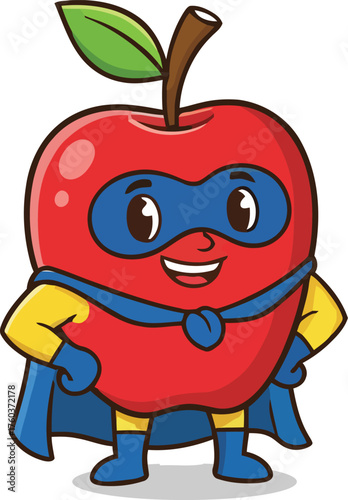Cartoon Apple Superhero, Cute Red Apple Character with Red Mask, Gloves and Boots in a Dashing Style