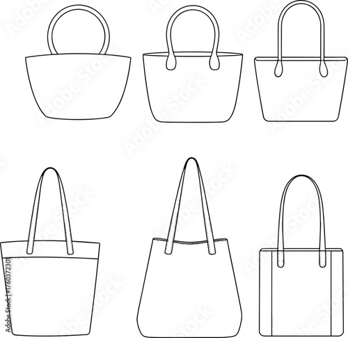 Handbag tote bag collection, fashion accessory design, CAD drawing flat vector illustration, technical sketch, outline style, isolated white background