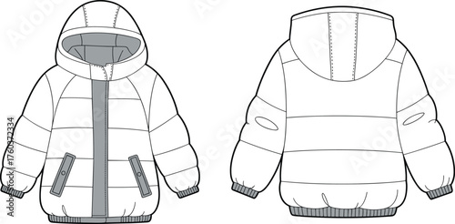 Hooded puffer jacket fashion flat sketch, technical garment illustration with zipper, flap pockets, quilted padded design, front and back view, CAD drawing flat vector illustration