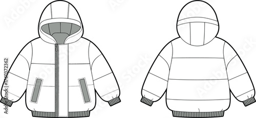 Hooded puffer jacket fashion flat sketch, technical garment illustration with zipper, quilted padded design, front and back view, CAD drawing flat vector illustration