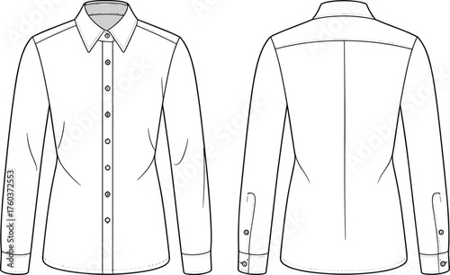 Men’s button up shirt technical flat sketch, front and back view, tailored fit, fashion CAD drawing, vector apparel template illustration