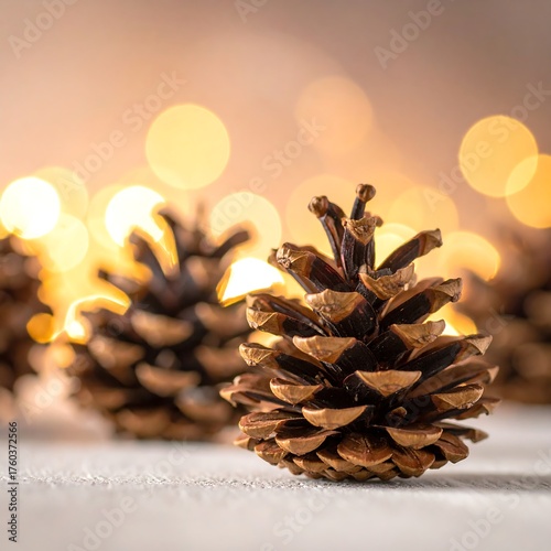 Several brown cones, lit from behind by golden, blurred Christmas lights