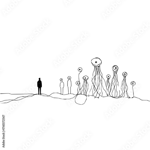 Silhouette of a person facing strange eye stalk creatures in a minimalist black and white drawing style