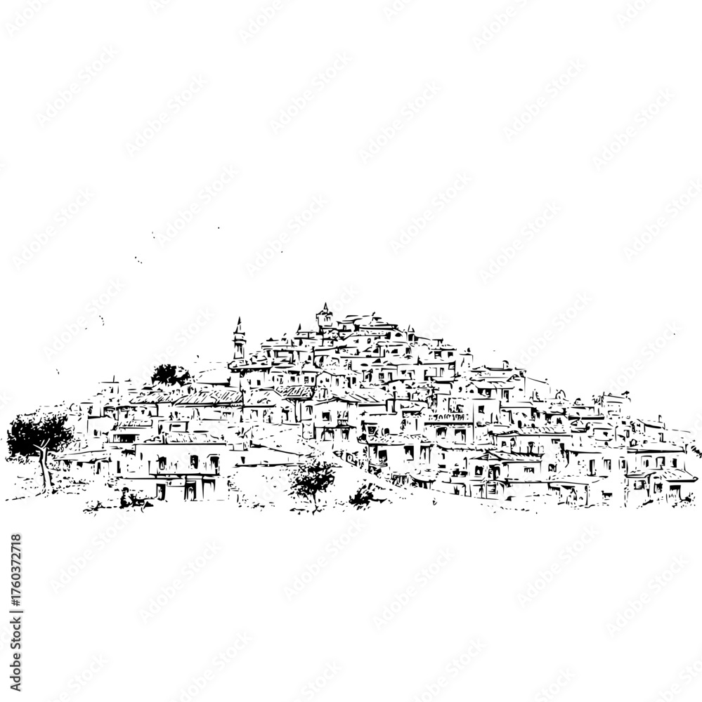 Fototapeta premium Illustration of a densely packed hillside village with a mosque and trees in black and white sketch style
