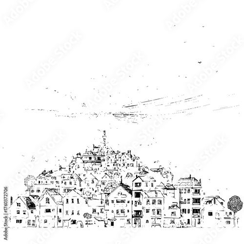 Illustration of a dense village on a hill with many buildings and trees under a bright sky with birds flying