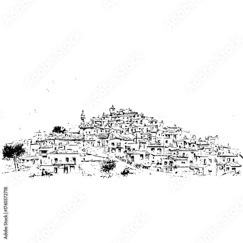 Illustration of a densely packed hillside village with a mosque and trees in black and white sketch style