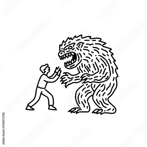 Man facing a large furry monster with sharp teeth and claws in a black and white line drawing style