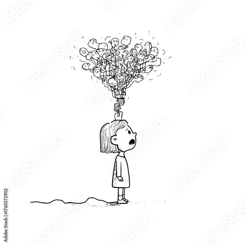 A girl looking up at a crowd of faces connected to her head by a blocky structure in black and white