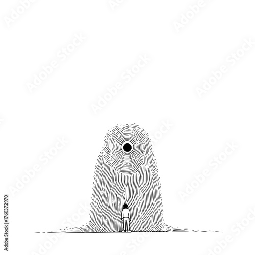 A lone figure stands before a towering fingerprint monster with a single large eye in a black and white scene