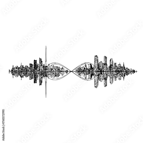 Cityscape reflected in infinity loop with detailed skyline and monochrome artistic representation of urban scene