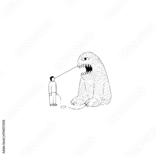 A minimalist illustration of a man being watched by a monster with a line connecting them together