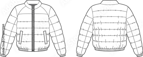 Puffer jacket technical flat sketch, front and back view, quilted winter coat design, ribbed cuffs hem collar, CAD drawing flat vector illustration