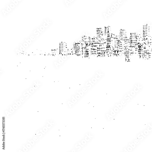 A black and white cityscape silhouette featuring buildings and structures against a stark white background