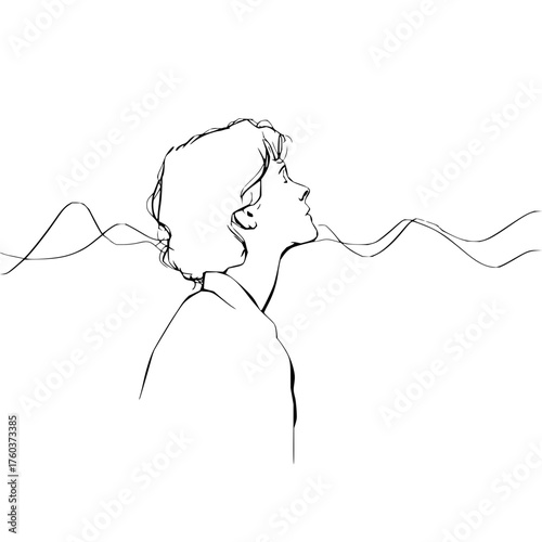 Line art of a person looking up with wavy lines emanating from their head in black and white style