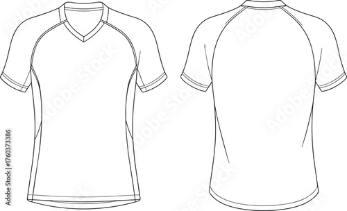Short sleeve athletic shirt technical flat sketch, V neck raglan sportswear design, fashion CAD drawing apparel template, vector illustration