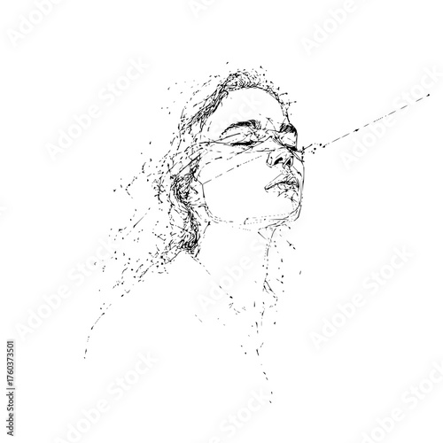Abstract sketch of a woman with eyes covered and disintegrating edges in black and white style