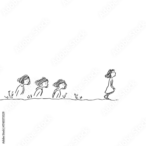 Illustration of a girl walking away from three figures on a white background with sparse vegetation