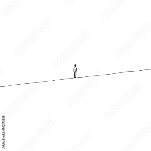 A minimalist illustration of a lone figure standing on a horizon line in a vast white space landscape