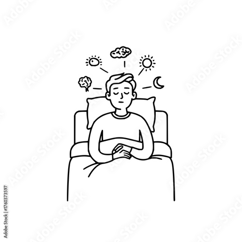 Man in bed with sun moon and cloud icons above his head representing thoughts or dreams in black and white