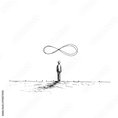 A lone figure stands beneath an infinity symbol on a horizon marked with small lines in black and white sketch