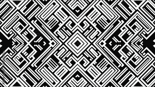 Geometric abstract pattern in black and white with intricate maze style lines forming symmetrical modern background design