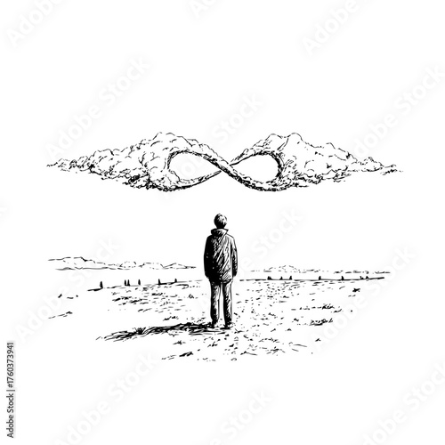 A person stands in a barren landscape beneath an infinity symbol formed by clouds in a black and white scene