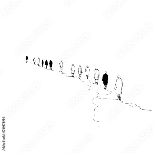 A minimalistic sketch depicting a group of people walking away on a path in a stark white landscape scene
